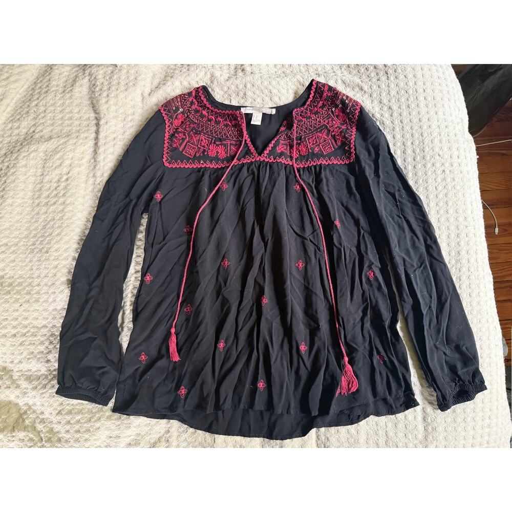 Forever 21 Black and Red Aztec Pattern Beaded Long Sleeved Tunic TopTop